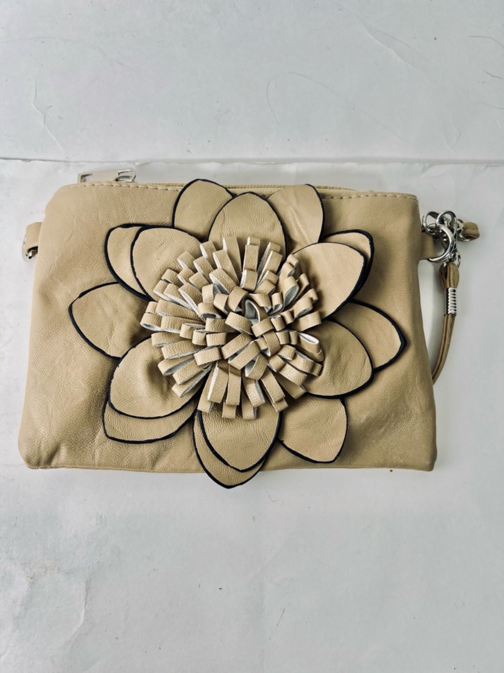 Beige Leather Wristlet Clutch w/ 3D Floral Applique Statement Bag Boho Chic